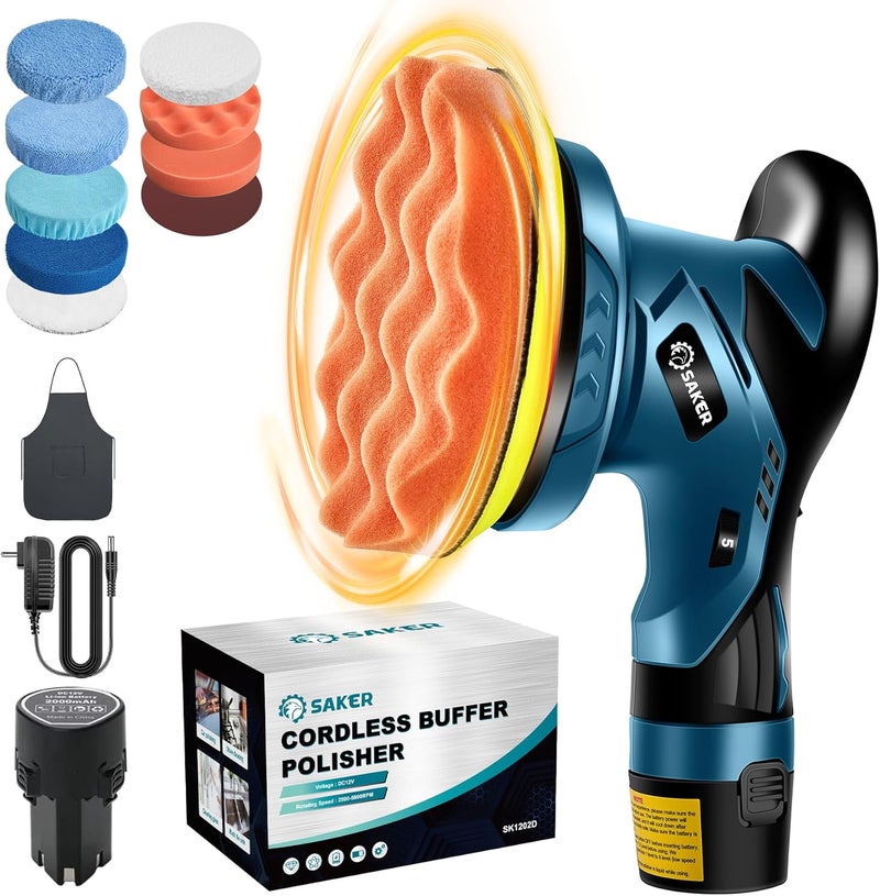 Saker Mini Cordless Buffer Polisher - 6 Inch Portable Polishing Machine Kit for Car Detailing, with 1PC 12V 2000mAh Rechargeable Battery, extra 10 PCS Attachments - Image 1